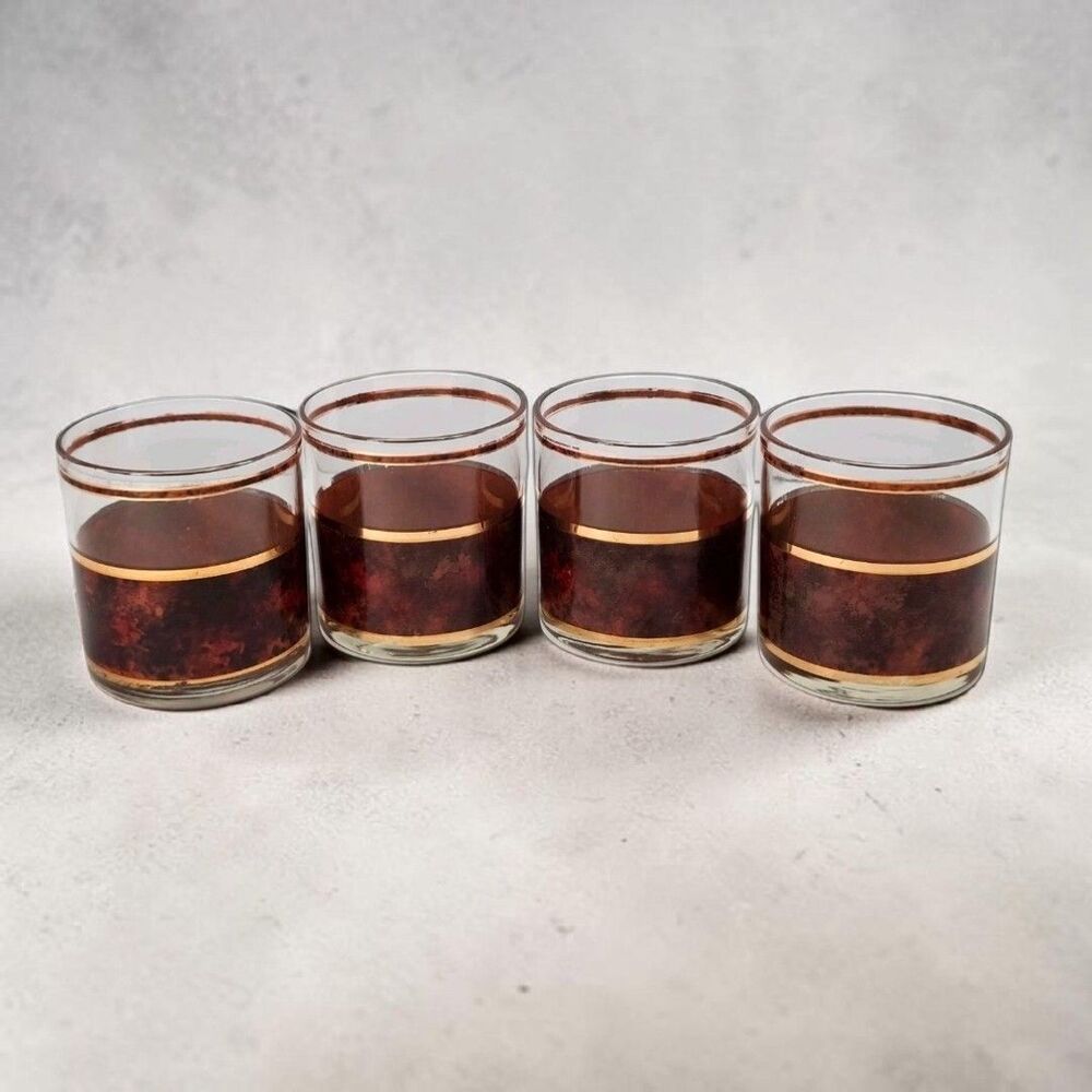 Culver Tortoiseshell Brazilian Brown Lowball Glasses 22K Gold Rocks Set of 4
